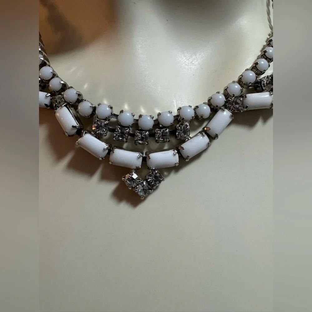 Vintage Milk Glass Rhinestone Bib Necklace Mid Century - Bridal, Formal, Prom